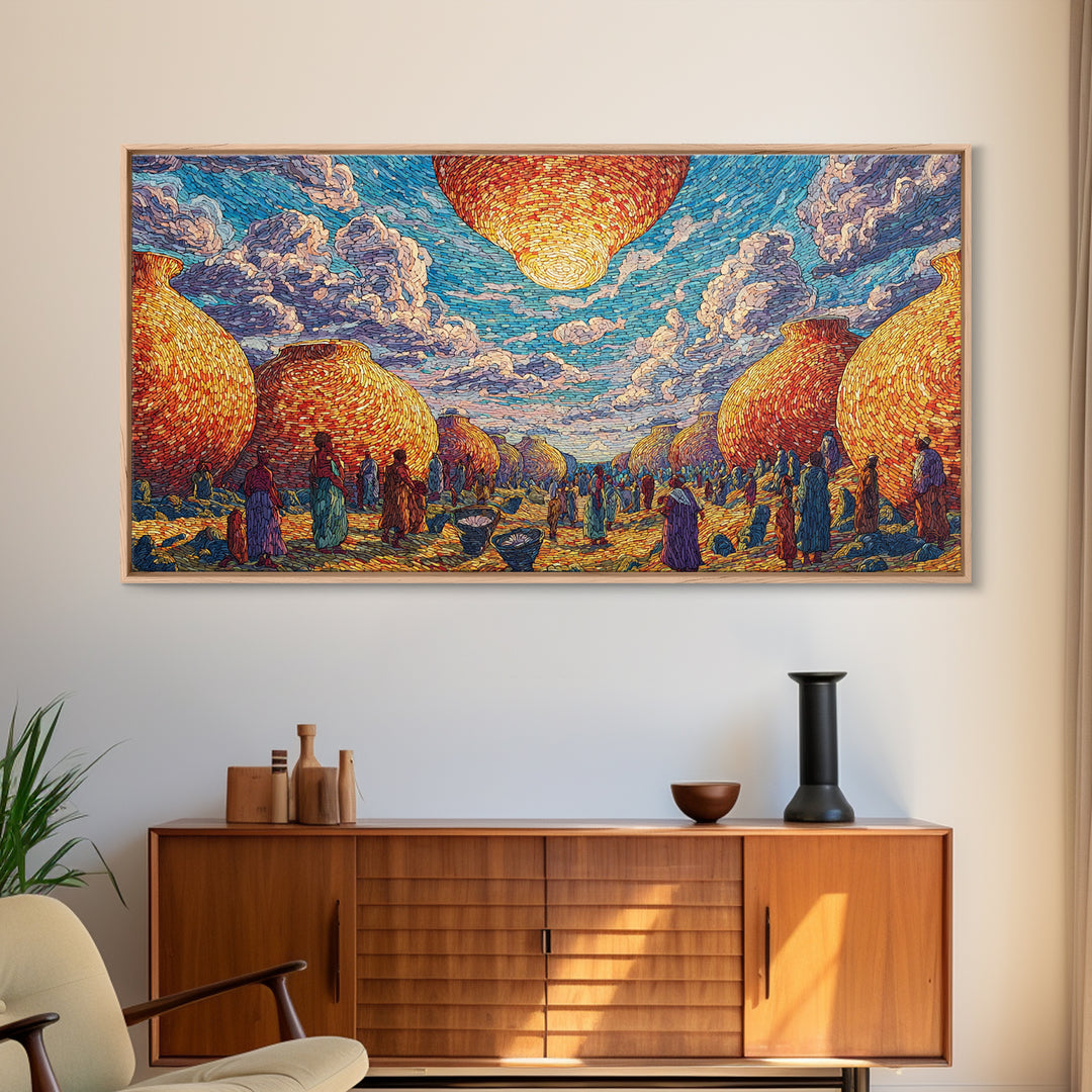 Golden Woven Village And Blue Sky Wall Art, African Landscape, Cultural Art Print, Boho African Home Decor Gift For Living Room