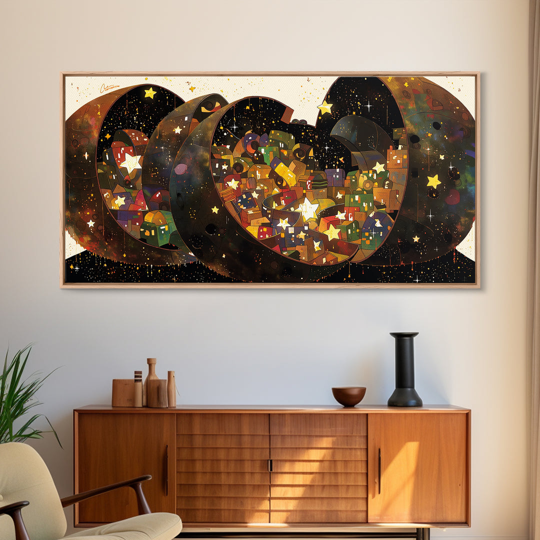 Celestial Crescent Star Village Wall Art, African Inspired Abstract, Black Gold Canvas Print, Whimsical Boho Decor Gift For Her