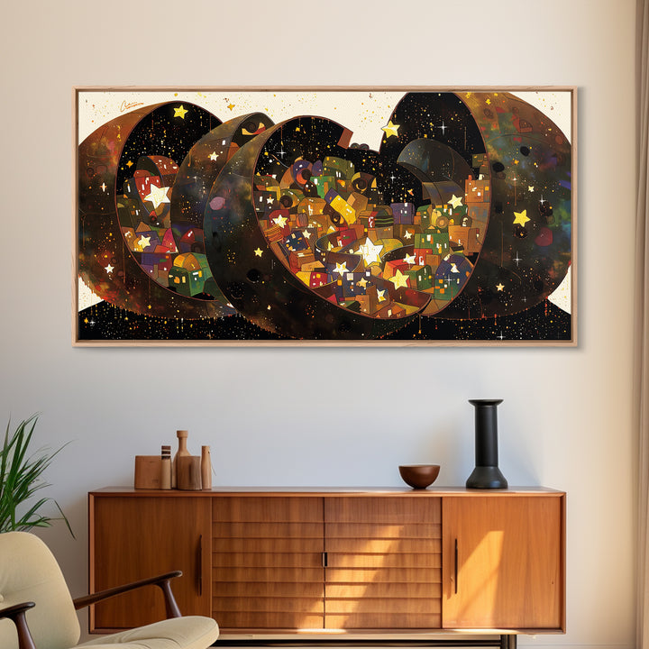Celestial Crescent Star Village Wall Art, African Inspired Abstract, Black Gold Canvas Print, Whimsical Boho Decor Gift For Her
