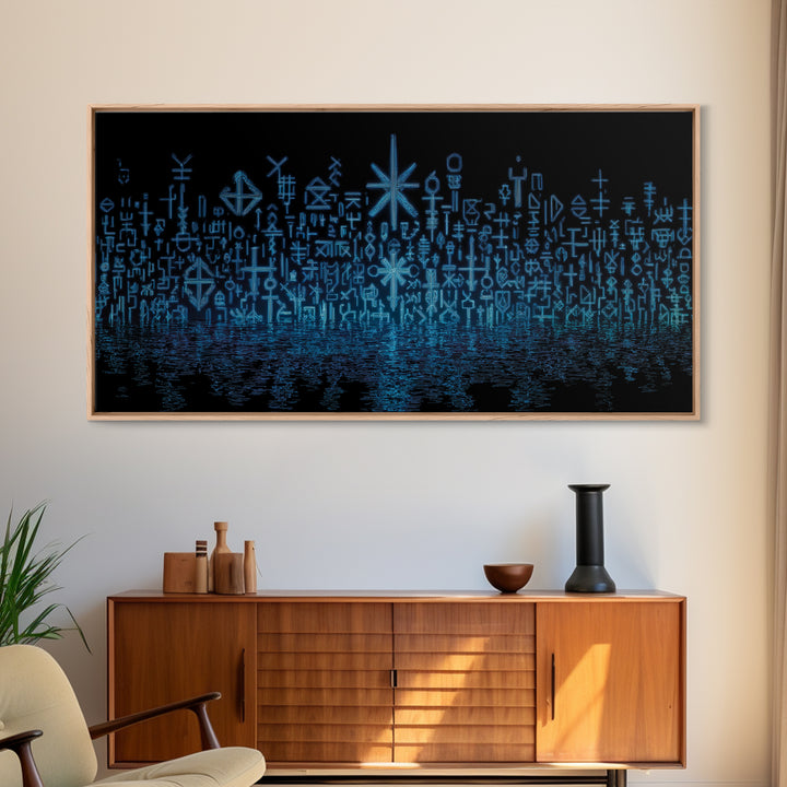 Blue Glowing Ancestral Symbols Over Water Canvas Print, African Abstract Art, Spiritual Wall Art, Mystical Wall Decor Gift