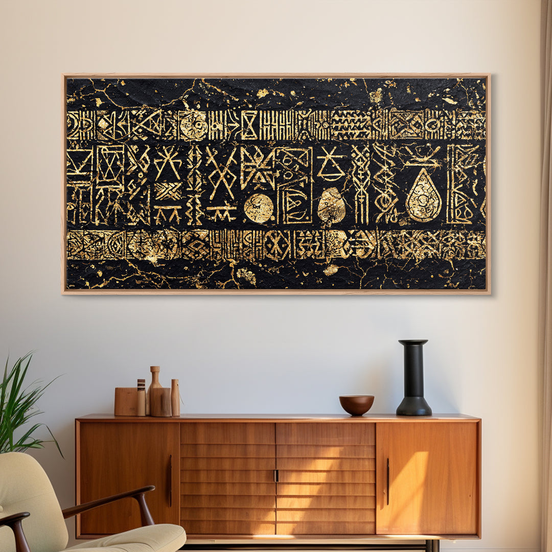 Ancient Gold Tribal Symbols On Black Stone Wall Art, African Tribal Art, Cultural Wall Decor, Textured Canvas Print Gift