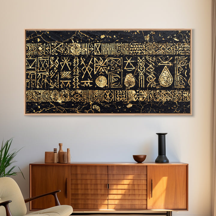 Ancient Gold Tribal Symbols On Black Stone Wall Art, African Tribal Art, Cultural Wall Decor, Textured Canvas Print Gift