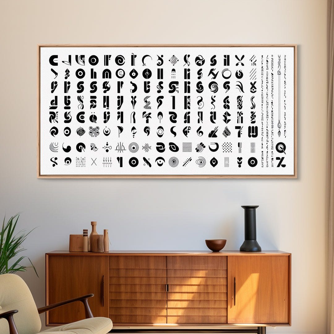 Black Abstract Symbol Alphabet On White Wall Art, African Patterns, Geometric Wall Art, Minimalist Canvas Print Decor Gift