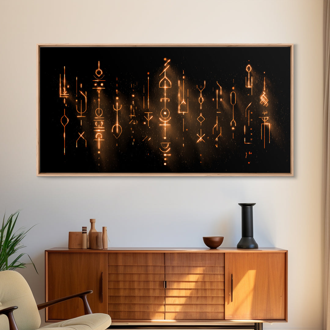 Glowing Ancestral Symbols Wall Art, African Inspired Abstract Canvas, Spiritual Black Gold Decor, Mystic Tribal Art Print