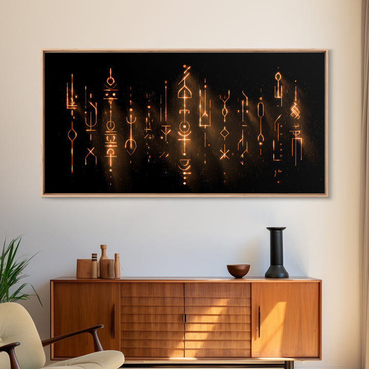 Glowing Ancestral Symbols Wall Art, African Inspired Abstract Canvas, Spiritual Black Gold Decor, Mystic Tribal Art Print