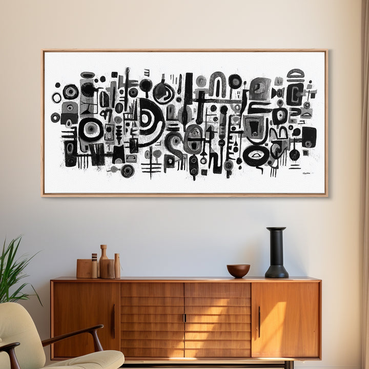 Black And White Tribal Shapes Canvas Print, Abstract African Art, Geometric Wall Decor, Modern Afrocentric Artwork For Home