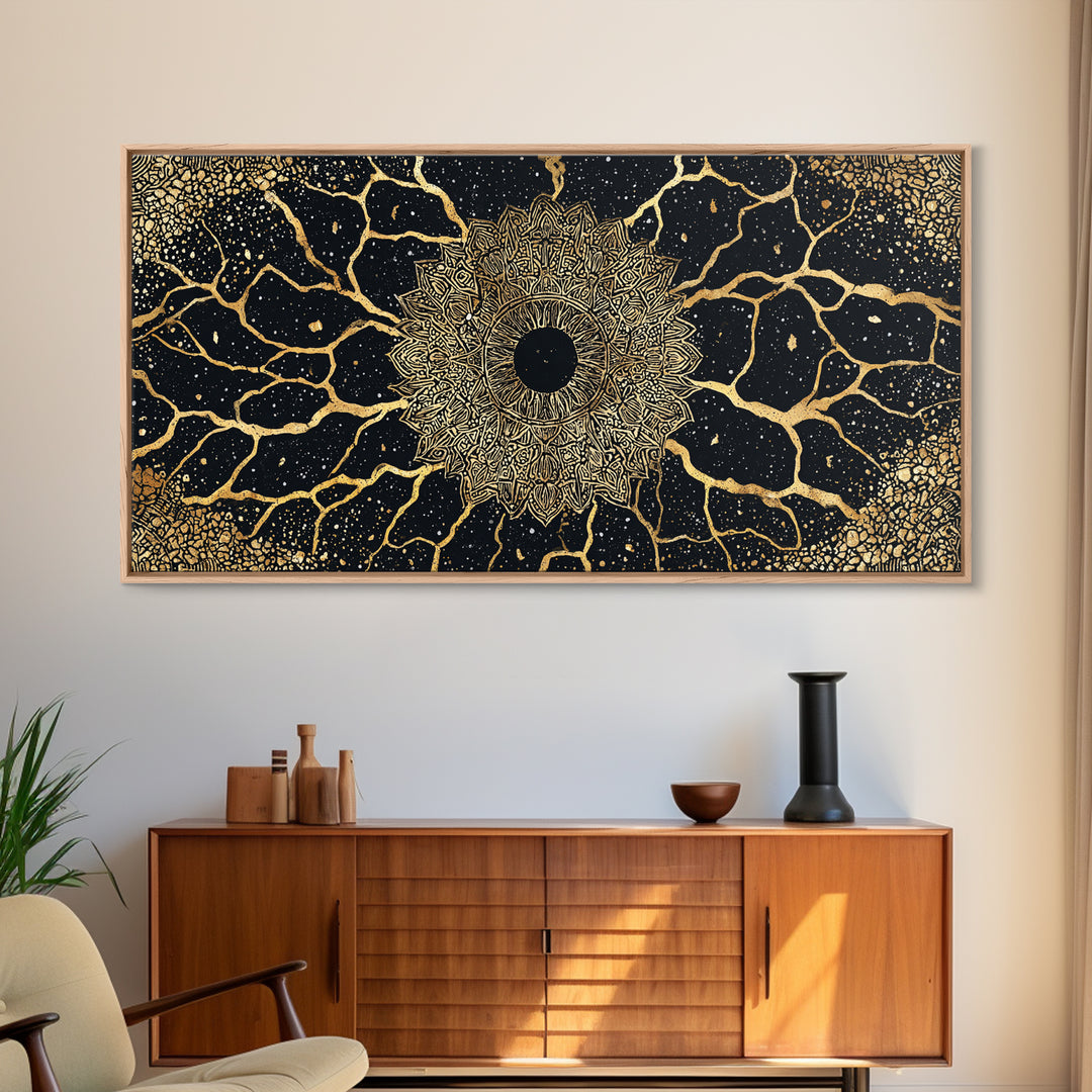 Golden Mandala Cosmos Wall Art, Black And Gold Abstract African Inspired Decor, Spiritual Geometric Canvas Print For Living Room
