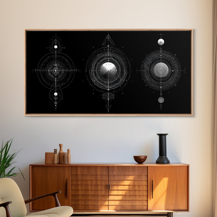 Celestial Geometry Triptych Canvas Print, Black And Silver Abstract Wall Art, Mystical Modern Decor For Meditation Room Gift