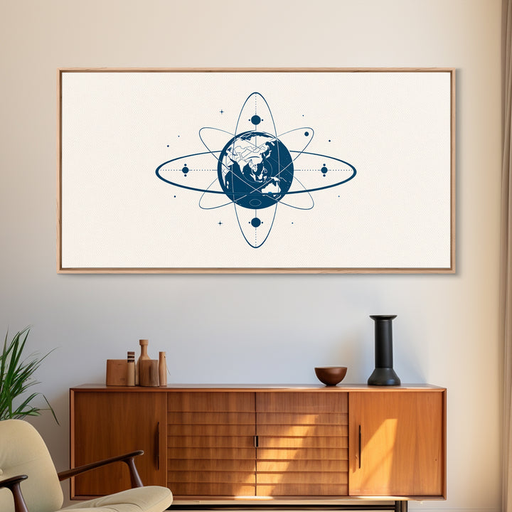Blue Earth Atom Wall Art, Minimalist Globe Orbit Illustration, Science Inspired Canvas Print, Modern Office Decor For Home