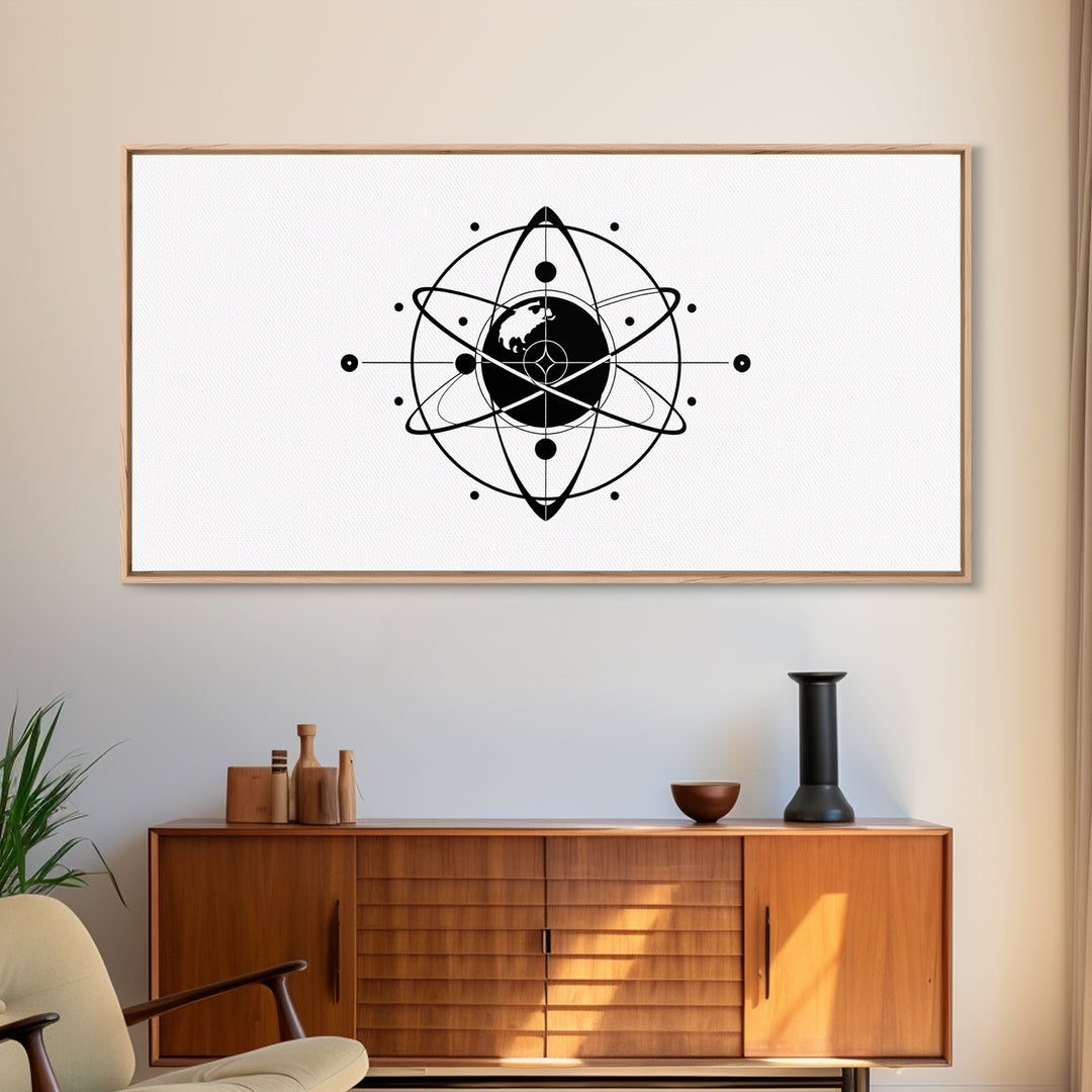Minimalist Black Earth Atom Canvas Print, Globe Orbit Line Art, Modern Science Wall Art, Clean Office Decor For Home Gift