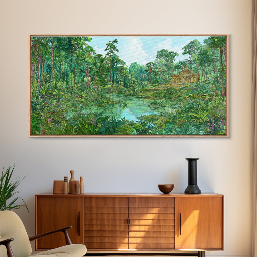 Lush Jungle Temple Wall Art, Tropical Lagoon Landscape, Green Nature Canvas Print, Serene Boho Home Decor Gift For Living Room