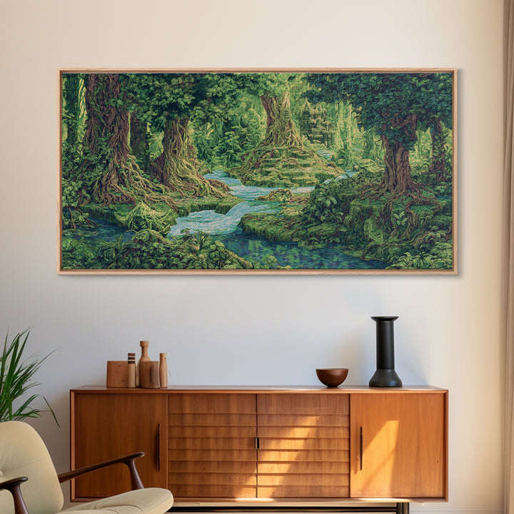 Ancient Jungle Stream Canvas Print, Fantasy Forest Ruins, Green Nature Wall Art, Tropical Landscape Decor For Living Room