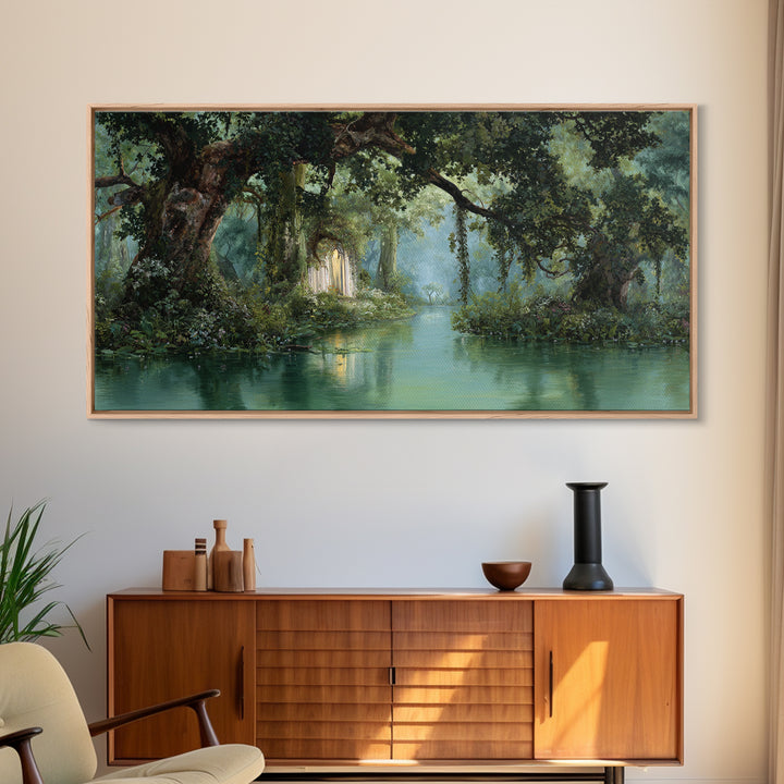 Misty Bayou Forest Wall Art, Dreamy River Landscape, Ancient Trees Canvas Print, Elegant Green Nature Decor For Home Gift