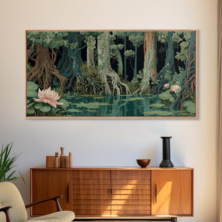 Dark Mangrove Swamp With Lotus Flowers Wall Art, Moody Jungle African Landscape, Boho Nature Canvas, Living Room Decor Gift