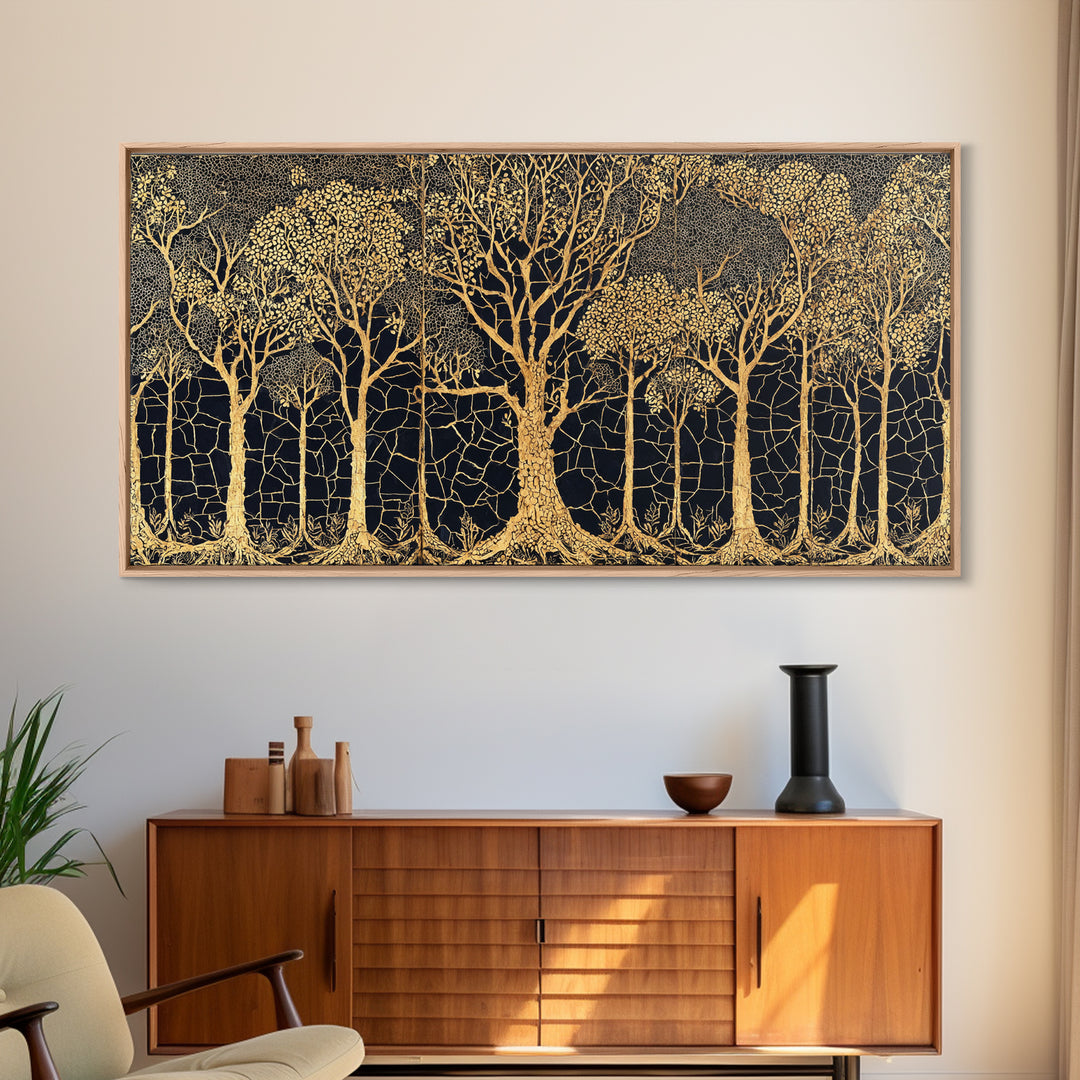 Golden Forest Of Bare Trees Wall Art, Black And Gold African Inspired Nature Print, Elegant Boho Home Decor, Statement Gift