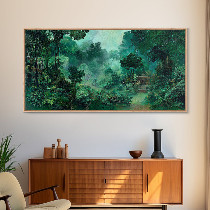 Misty Emerald Jungle Path Wall Art, African Safari Landscape, Tropical Nature Scene, Green Living Room Decor, Serene Gift
