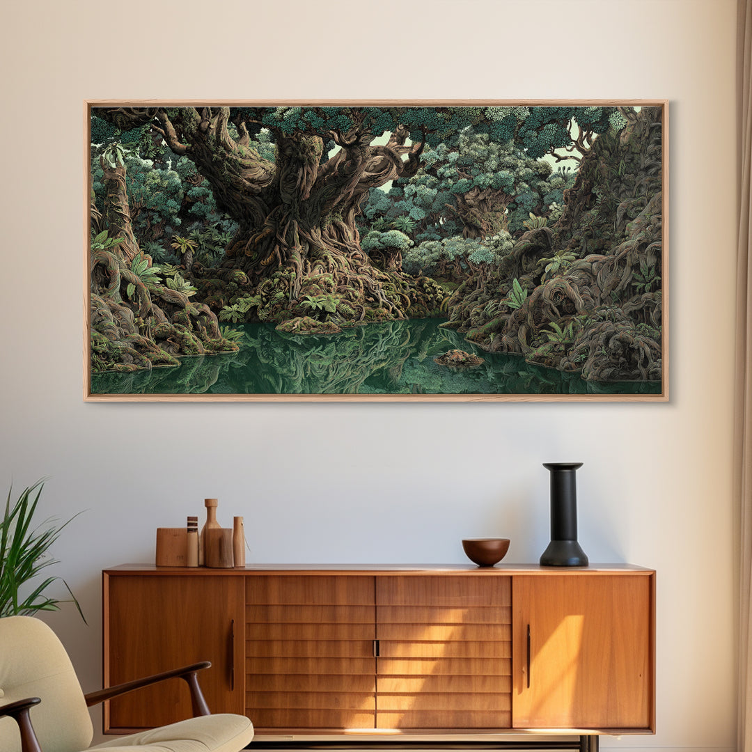 Ancient Banyan Tree Lagoon Canvas Print, Mystical Jungle African Landscape Wall Art, Boho Nature Decor, Statement Home Gift