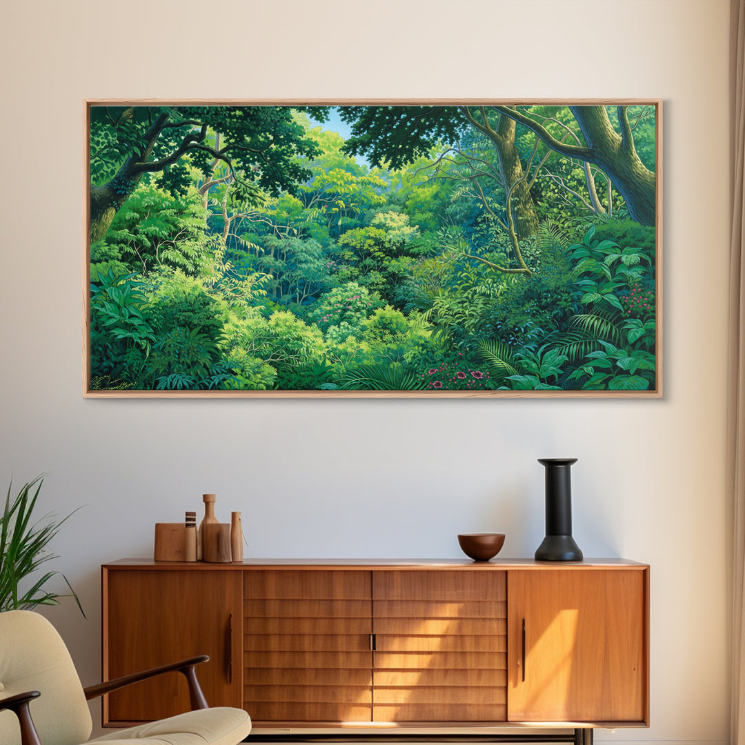 Vibrant Green Jungle Canopy Wall Art, African Landscape Canvas Print, Tropical Botanical Decor, Bright Living Room Gift Idea
