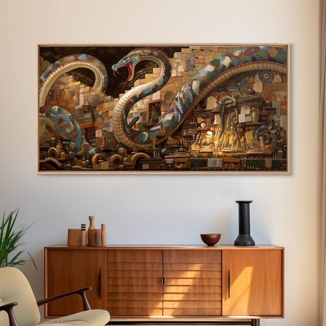 Jeweled Giant Serpents In Antique Market Canvas Print, Mystical African Inspired Wall Art, Exotic Boho Decor, Unique Gift