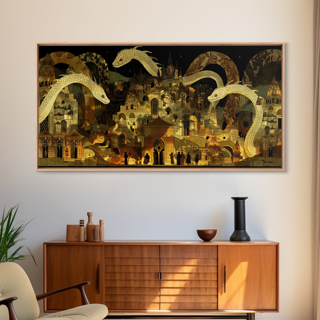 Golden Serpents Over Palace City Wall Art, Mystical African Inspired Canvas Print, Black Gold Decor, Fantasy Statement Gift