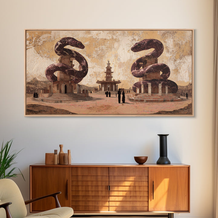 Twin Serpent Desert Plaza Framed Canvas Print, African Inspired Wall Art, Warm Terracotta Cultural Decor, Unique Home Gift