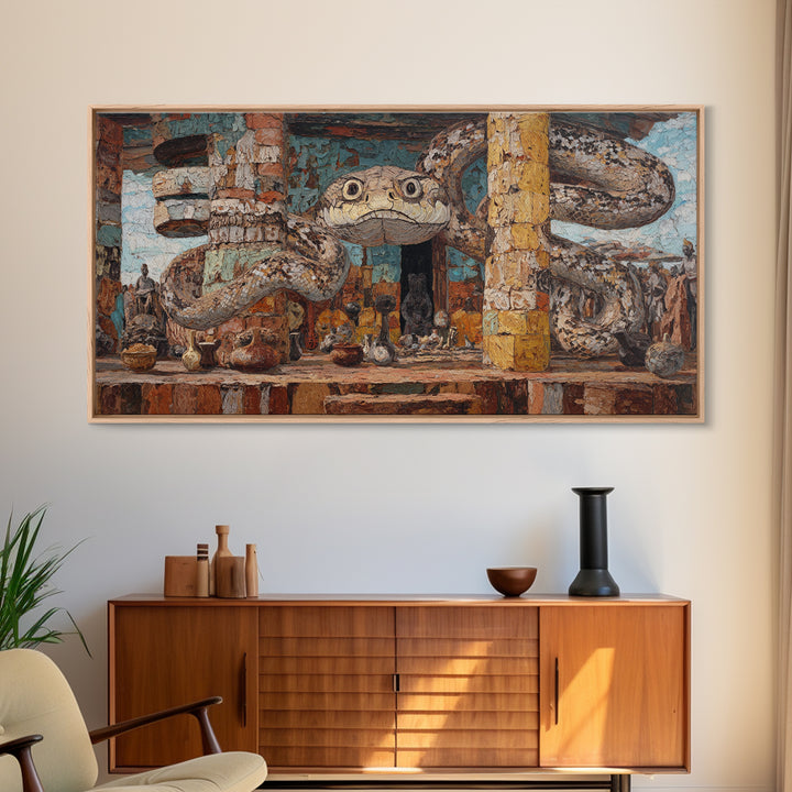 Giant Serpent Market Scene Canvas Print, African Tribal Art, Snake Sculpture Decor, Rustic Bazaar Wall Decor Gift For Living Room