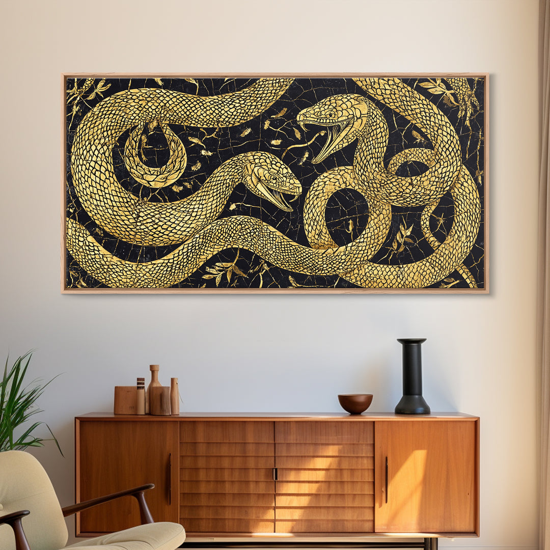 Gold Serpent Botanical Canvas Print, Black And Gold Snake Wall Art, African Inspired Luxury Decor For Bedroom And Office