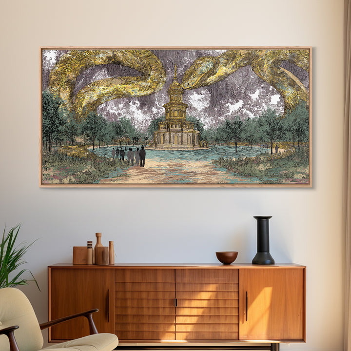 Golden Serpents Over Palace Gardens Wall Art, Surreal Botanical Landscape, Luxury Canvas Print For Elegant Home Decor Gift