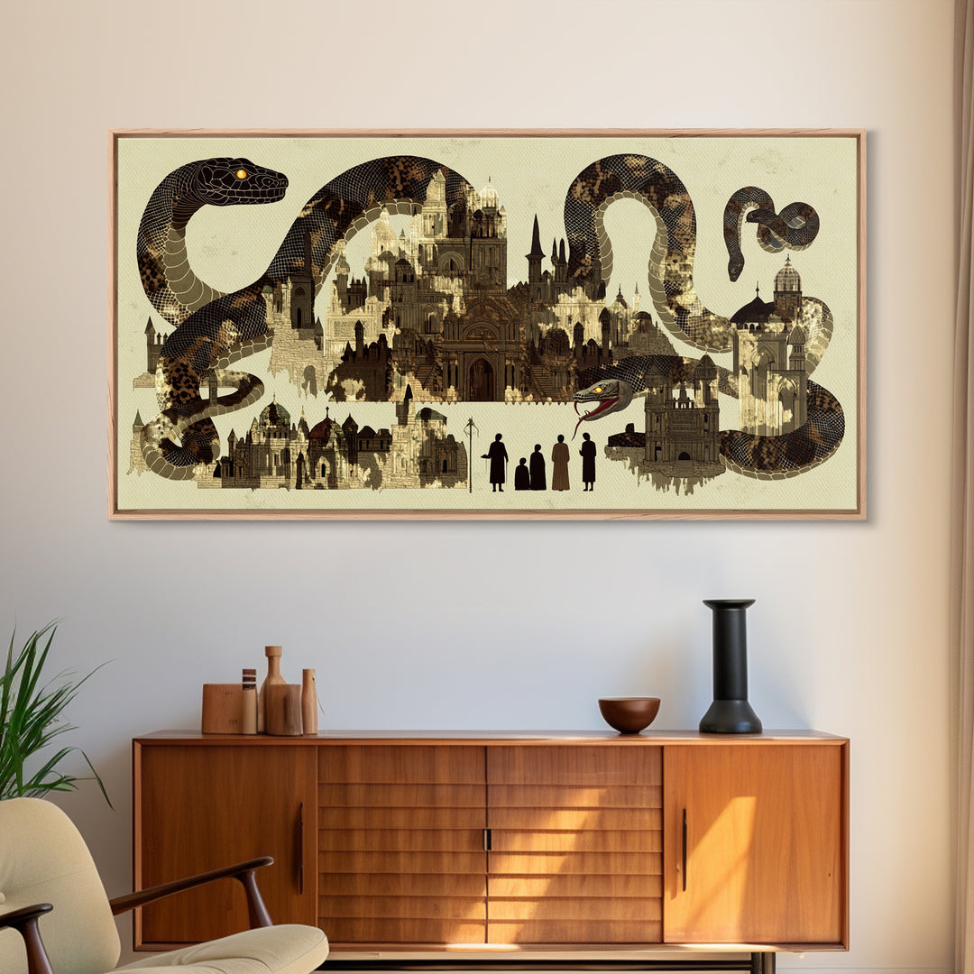 Sepia Serpent Cityscape Canvas Print, Historic Architecture Wall Art, Fantasy Snake Artwork For Study Room Decor Gift For Him