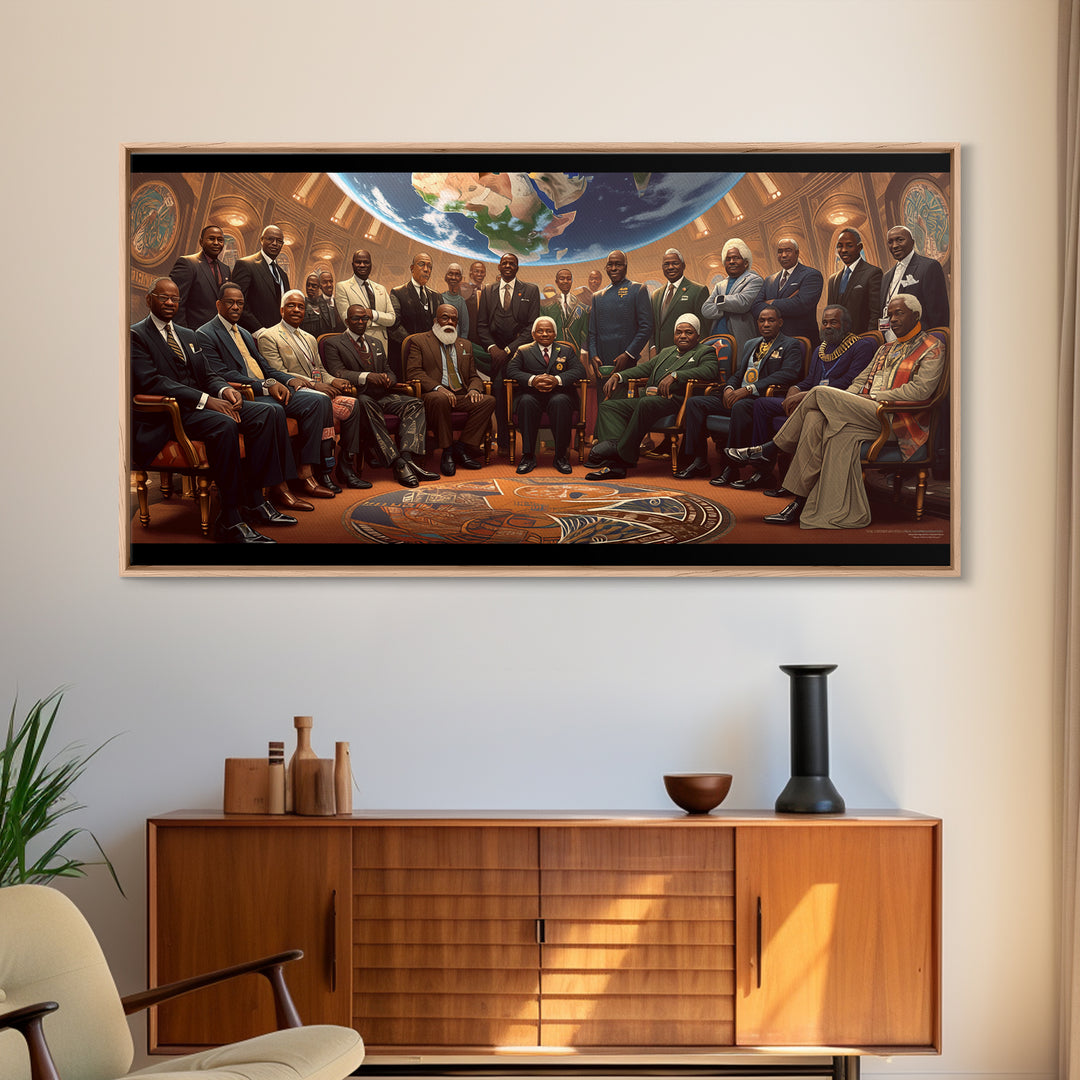 Pan African Council Under Globe Framed Canvas Print, Black Culture Wall Art, African American Leaders Office Decor Gifts