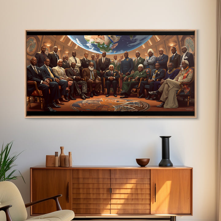 Pan African Council Under Globe Framed Canvas Print, Black Culture Wall Art, African American Leaders Office Decor Gifts