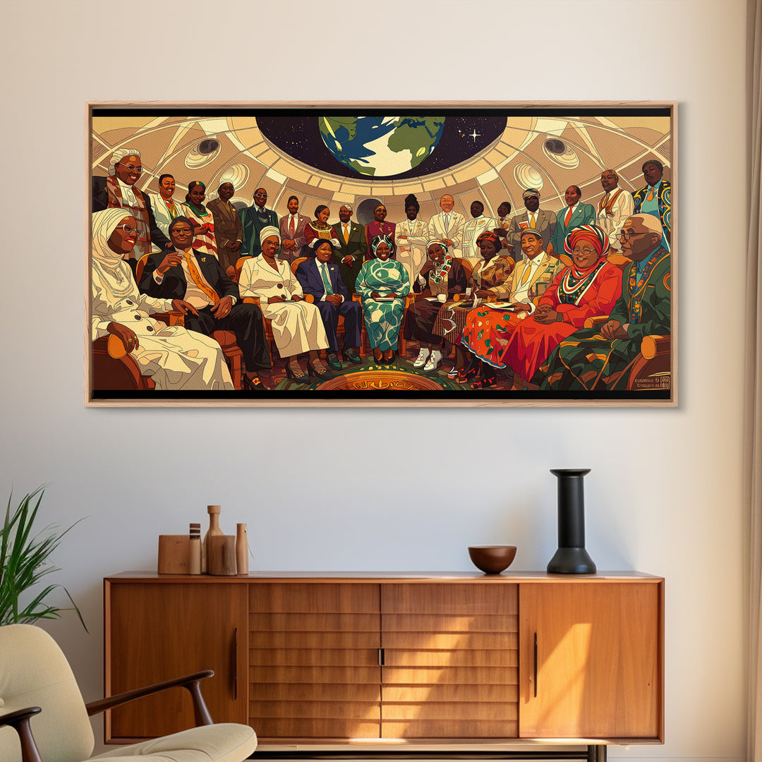 Afrofuturist Elders Council Framed Canvas Print, African American Art, Black Culture Art, Modern African Art, Home Decor