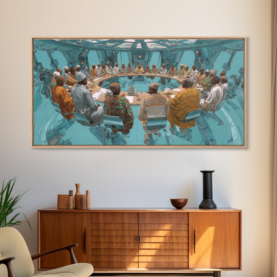 Futuristic Roundtable Leaders Canvas Print, African Wall Art, Modern African Art, Afrocentric Wall Art, Office Decor Gift