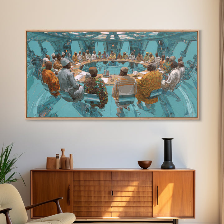 Futuristic Roundtable Leaders Canvas Print, African Wall Art, Modern African Art, Afrocentric Wall Art, Office Decor Gift
