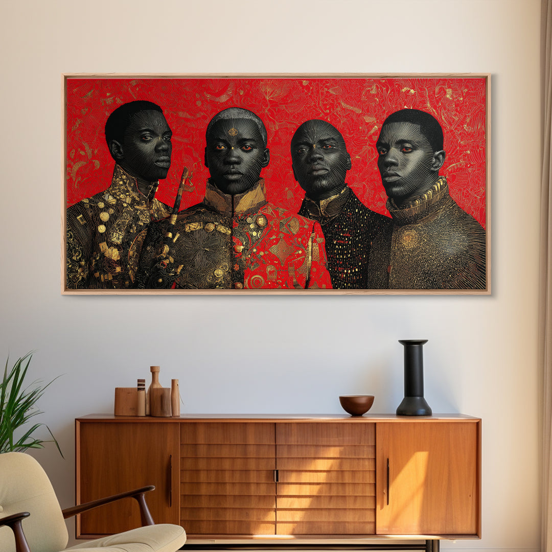 Four Regal African Warrior Portraits Canvas Print, Black Art, African Warrior Art, Tribal Art Decor, Bold Wall Decor Gift