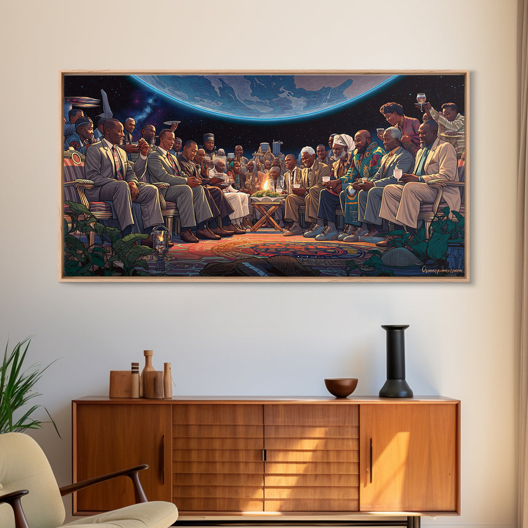 Moonlit Global Council By Fire Wall Art, African American Art, Afrocentric Decor, Black Culture Art, Unique Canvas Print Gift