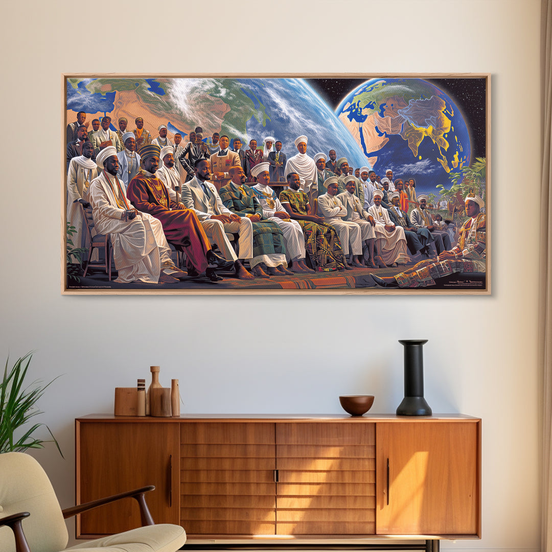 Pan African Assembly Beneath Planets Framed Canvas Print, African Wall Art, Black History Art, Afrocentric Cultural Home Decor