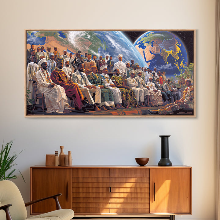 Pan African Assembly Beneath Planets Framed Canvas Print, African Wall Art, Black History Art, Afrocentric Cultural Home Decor