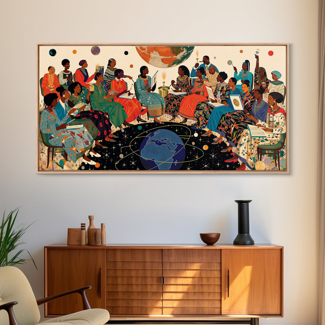 Cosmic African Women Circle With Planets Canvas Print, Black Women Art, Afrocentric Wall Art, Vibrant Cultural Home Decor