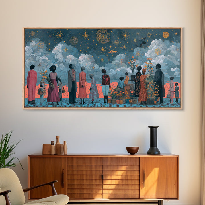Starry Ancestral Gathering Beneath Clouded Sky Framed Canvas Print, African Wall Art, Spiritual Black Culture Decor Gift