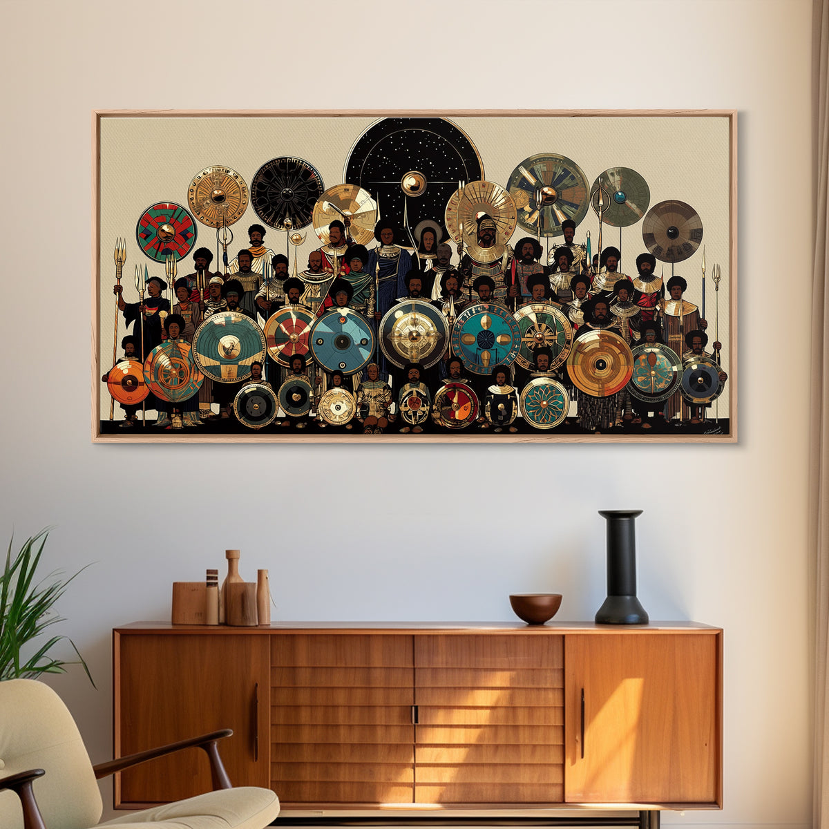 Regal African Shield Bearers With Tribal Parasols Framed Canvas Print, African Warrior Art, Black Culture Wall Decor Gift