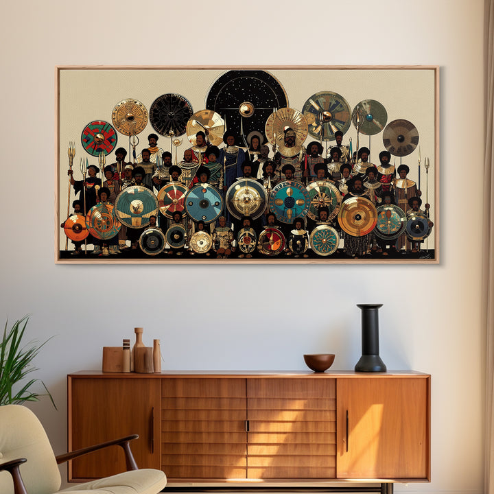 Regal African Shield Bearers With Tribal Parasols Framed Canvas Print, African Warrior Art, Black Culture Wall Decor Gift