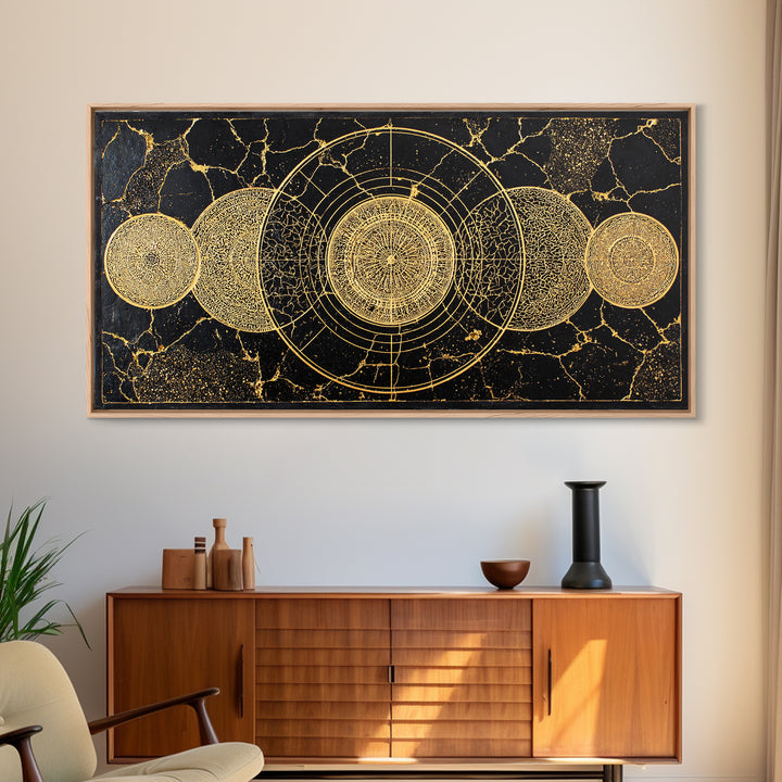 Golden Lunar Phases Celestial Geometry Wall Art, Black And Gold Abstract African Inspired Decor, Mystic Boho Canvas Print