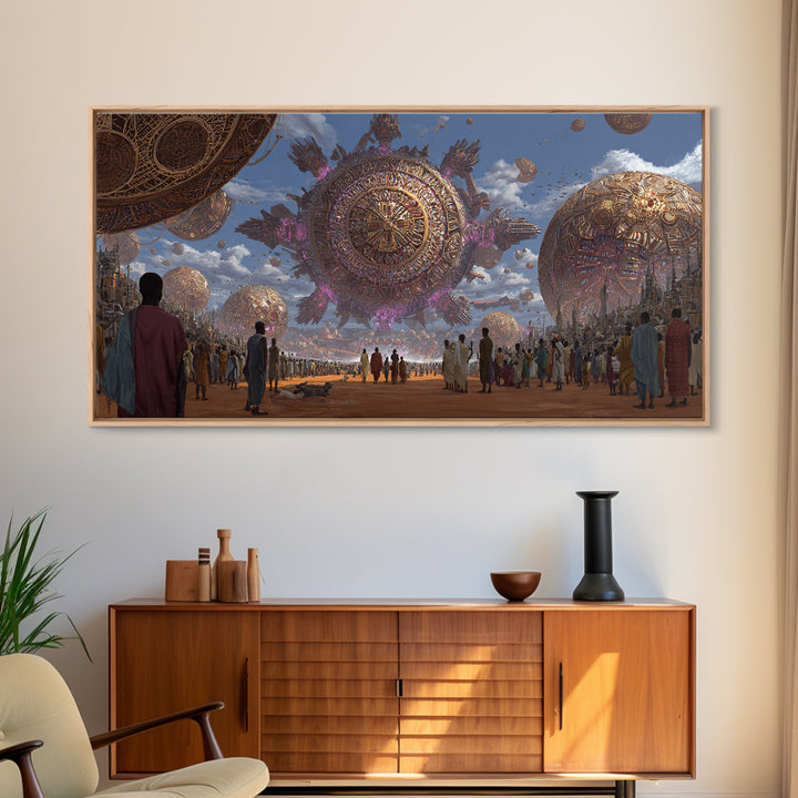 Afrofuturist Festival With Floating Golden Spheres Canvas Print, African Culture Wall Art, Futuristic City Decor Gift For Living Room