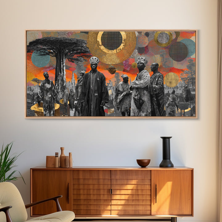 Royal African Figures Under Baobab Sun Wall Art, Afrocentric Black Culture Art, Gold Collage Canvas Print For Elegant Home Decor