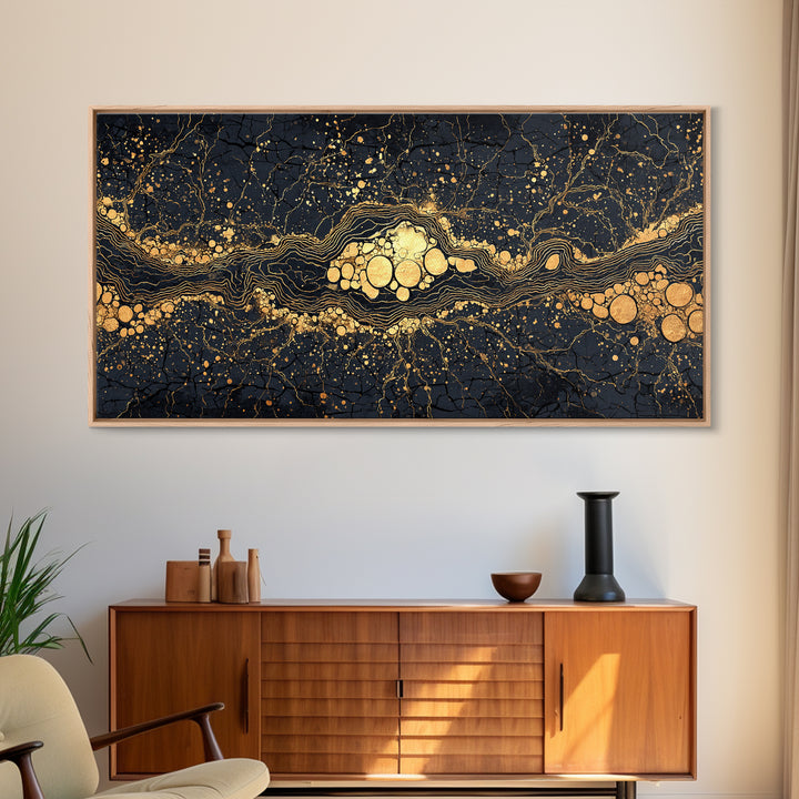 Black Gold Molten River Abstract Wall Art, Luxury Canvas Print, Earth Tone Modern Decor For Living Room And Office Decor Gift