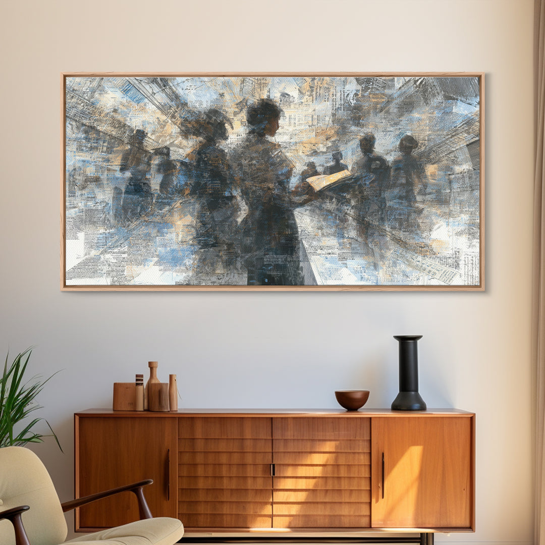Textured Silhouettes Reading In Blue Beige Light Wall Art, Abstract Canvas Print, Literary Office Decor Gift For Home Living Room