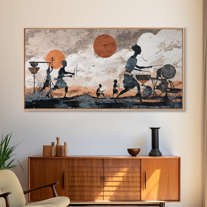 Drumming Village Family Silhouettes Canvas Print, African Wall Art, Tribal Music Decor, Afrocentric Living Room Artwork Gift