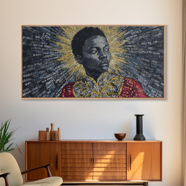 Young Black Boy Portrait With Golden Halo Framed Canvas Print, African American Art, Black History Decor, Empowerment Gift