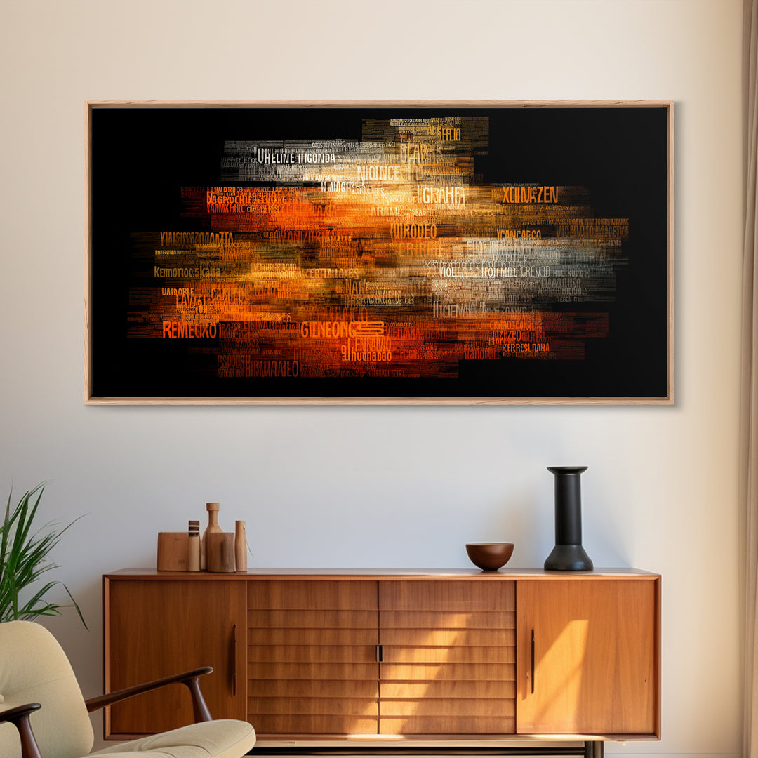 Orange Gold African Word Cloud Framed Canvas Print, Abstract African Art, Afrocentric Decor, Vibrant Statement Wall Decor